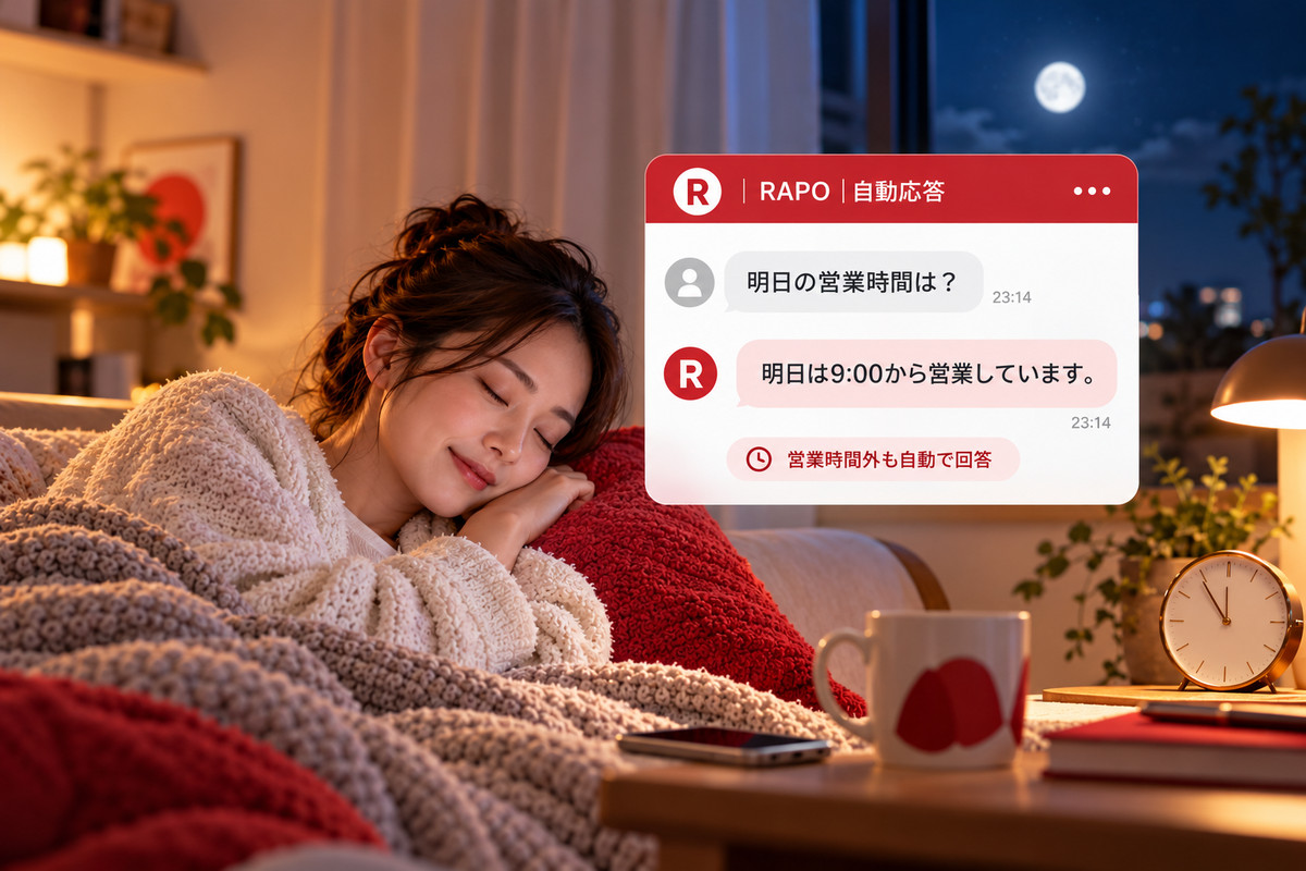 夜間や休日でも、「明日の営業時間は？」という質問に「明日は9:00から営業しています」と自動で回答するイメージ。営業時間外も自動対応する様子。