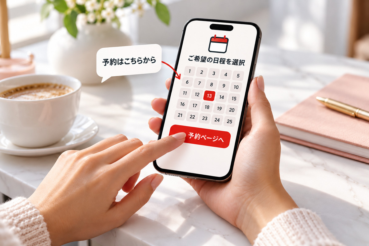 「予約はこちらから」と案内し、希望日程の選択から予約ページへ誘導するスマートフォン画面のイメージ。次の行動へスムーズにつなぐ様子。