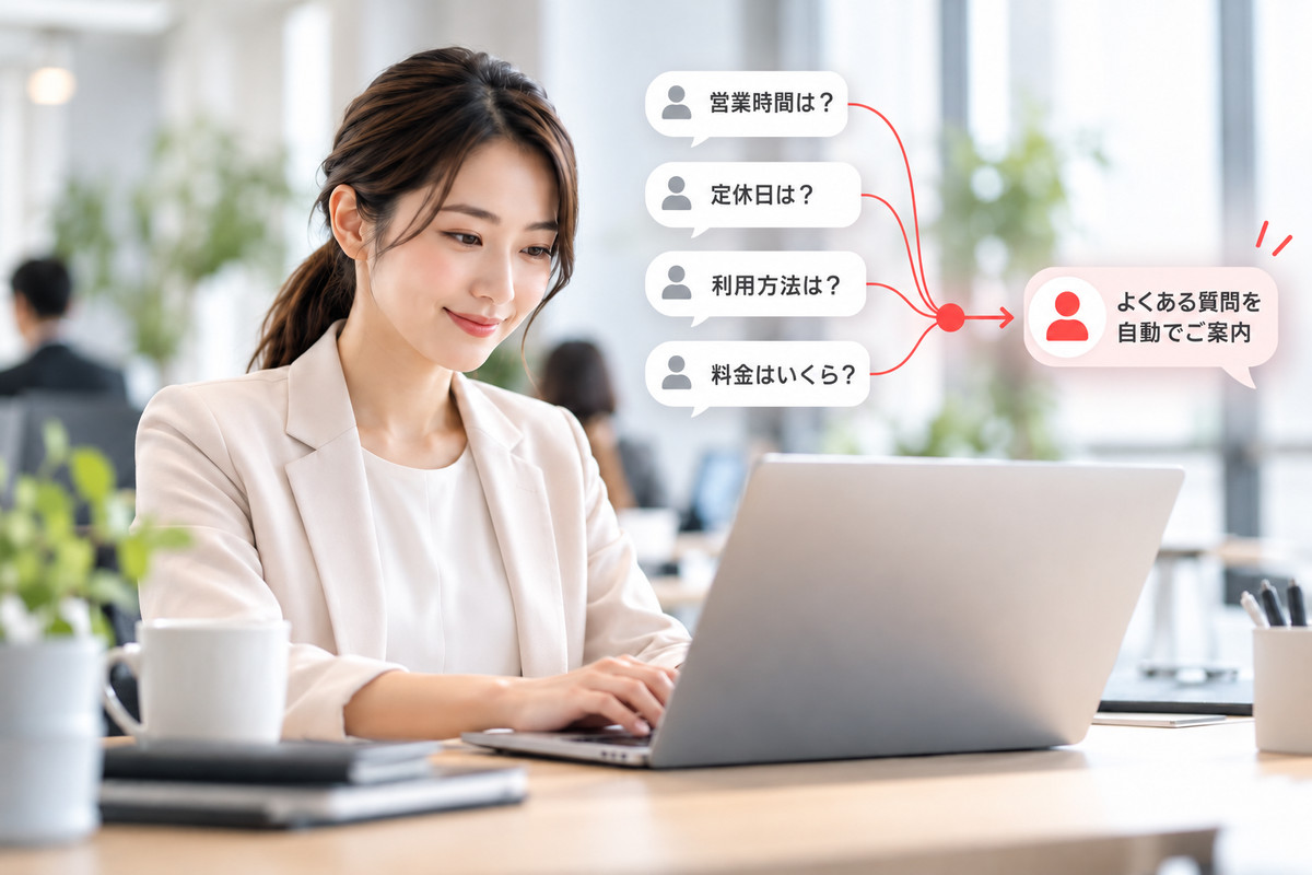 繰り返し寄せられる「営業時間は？」「定休日は？」「利用方法は？」「料金はいくら？」などの質問に、AIが「よくある質問」として自動で案内するイメージ。