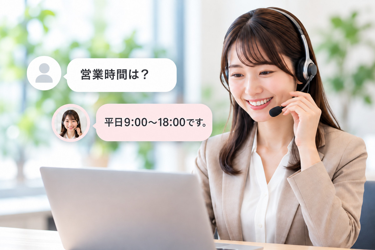 有人チャットのイメージ。お客様の「営業時間は？」という質問に、ヘッドセットを着けた担当者が「平日9:00〜18:00です」と直接回答する様子。