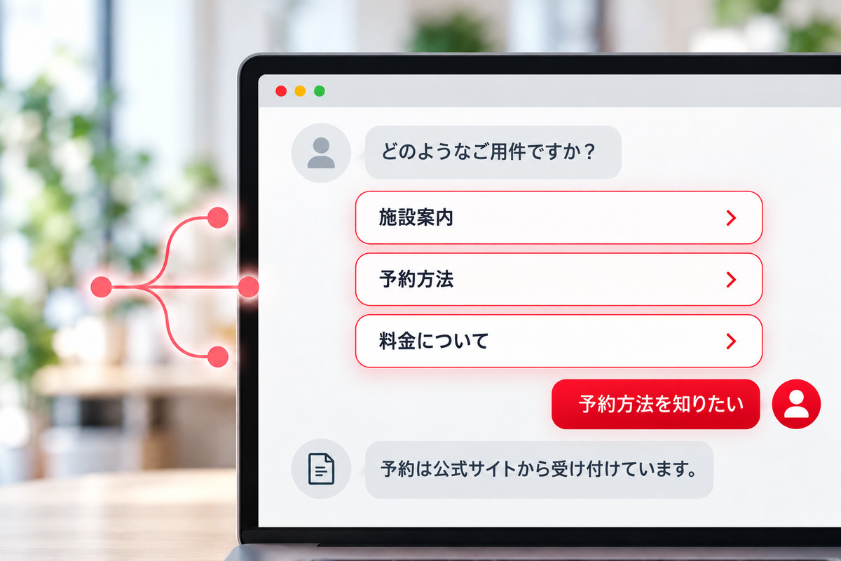 シナリオ型チャットのイメージ。施設案内・予約方法・料金についてなど、あらかじめ用意した選択肢をたどって、決まった回答を案内するチャット画面。