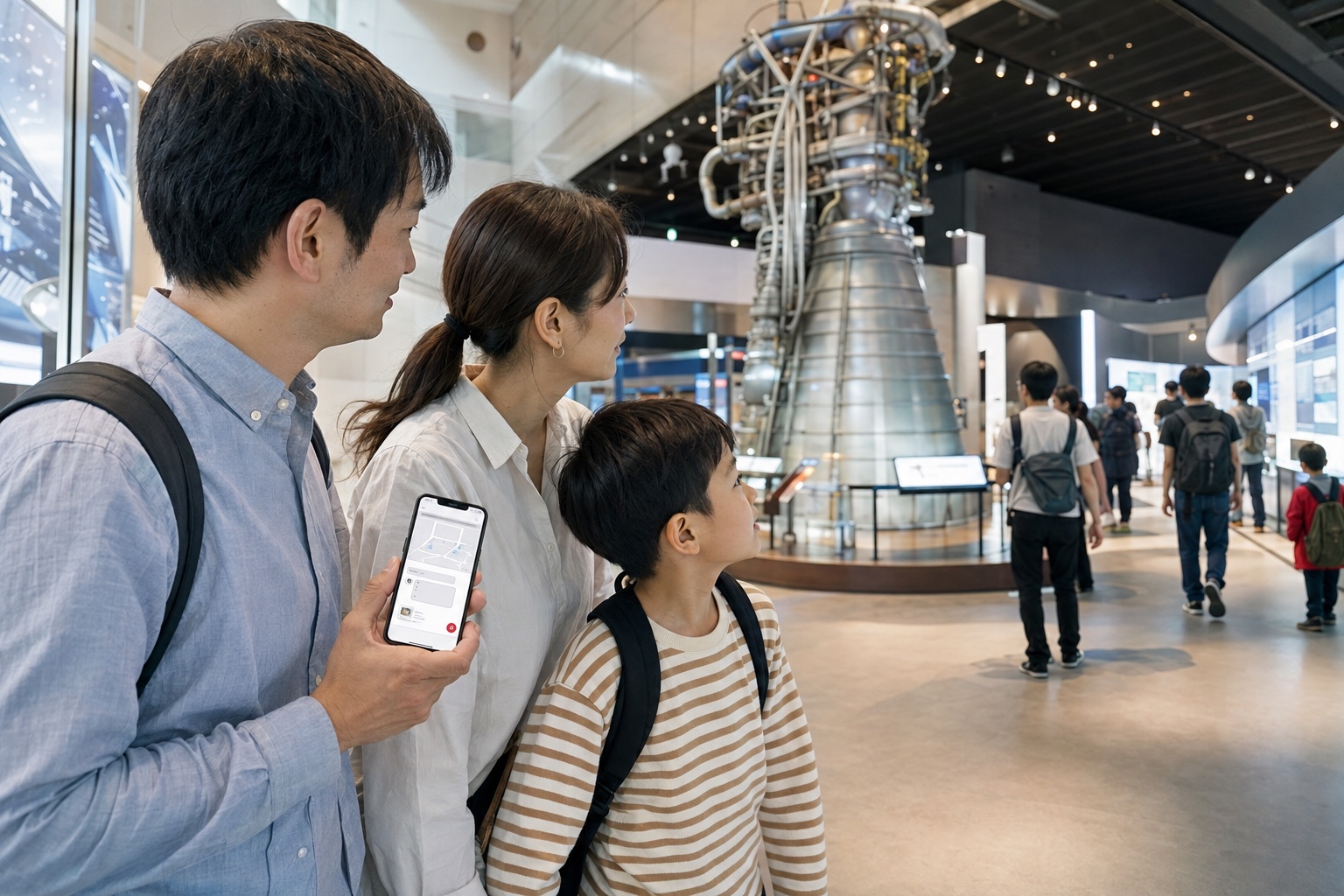 展示施設でAIチャットの案内を確認する家族