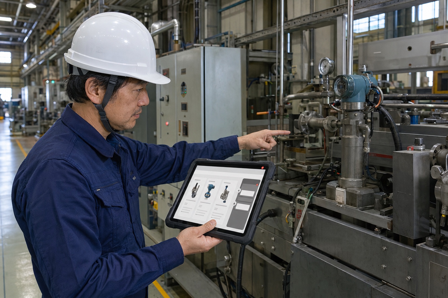 工場でAIチャットを使い、製品仕様と部品を照合する担当者