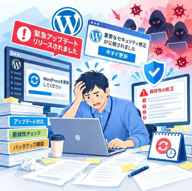 緊急アップデートや脆弱性の修正の通知に追われ、頭を抱える担当者のイラスト