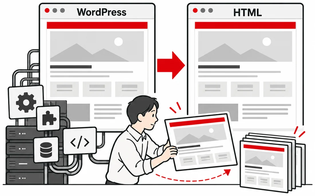 WordPressのサイトを、デザインを活かしたままHTMLのサイトへ移行するイメージ