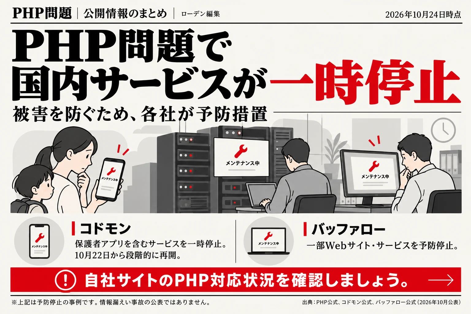 PHP問題で国内サービスが一時停止。被害を防ぐため各社が予防措置。コドモンは保護者アプリを含むサービスを一時停止し10月22日から段階的に再開、バッファローは一部Webサイト・サービスを予防停止。上記は予防停止の事例で、情報漏えい事故の公表ではありません。