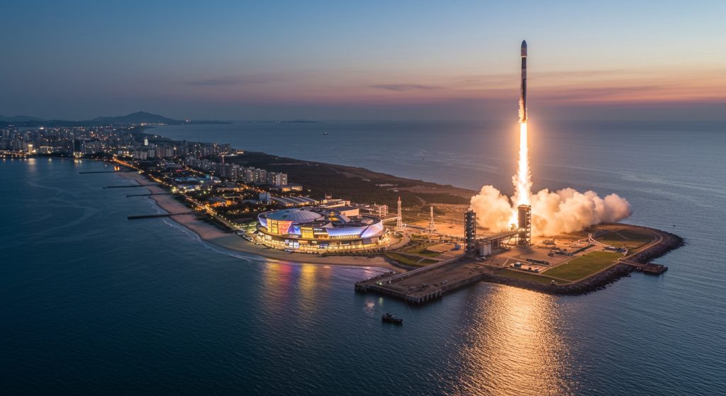 夕暮れのスペースポートからロケットが打ち上がる様子