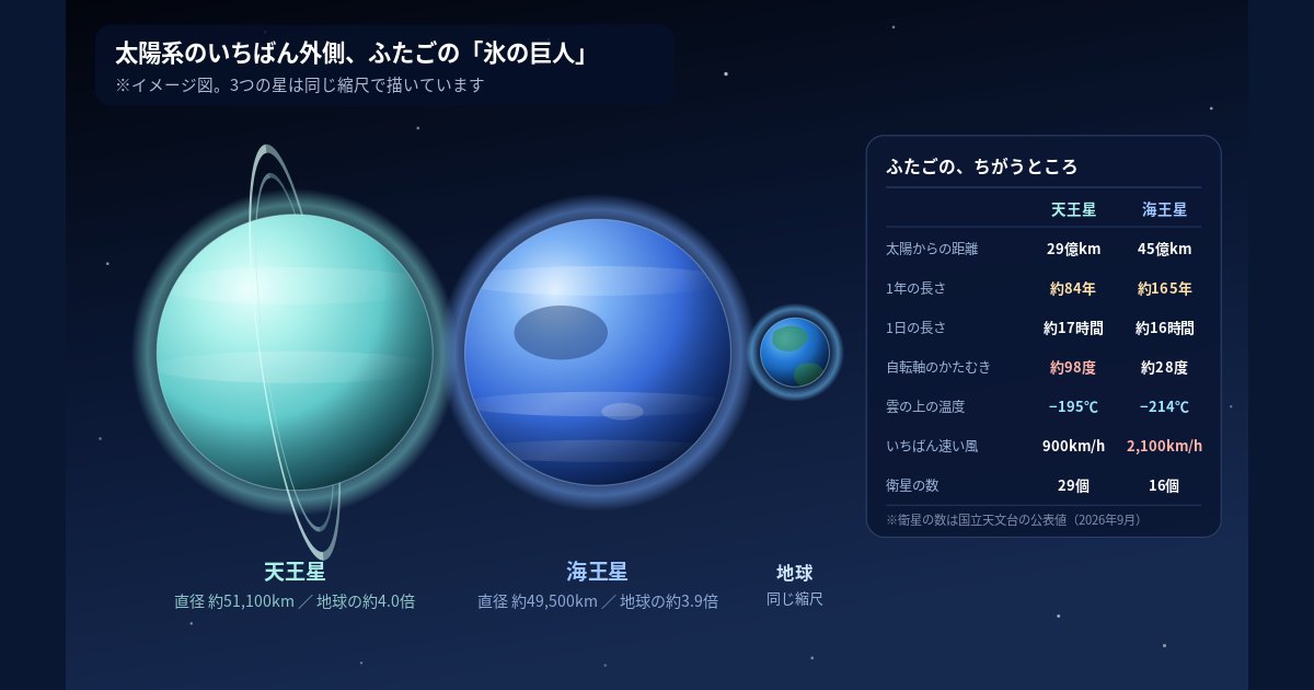 天王星・海王星・地球を同じ縮尺でならべた図。天王星も海王星も地球の約4倍の大きさ(※イメージ図)