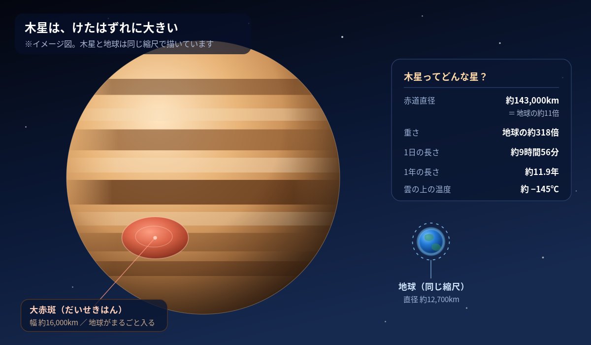 木星と地球を同じ縮尺でならべた図。木星は地球の約11倍の大きさ(※イメージ図)