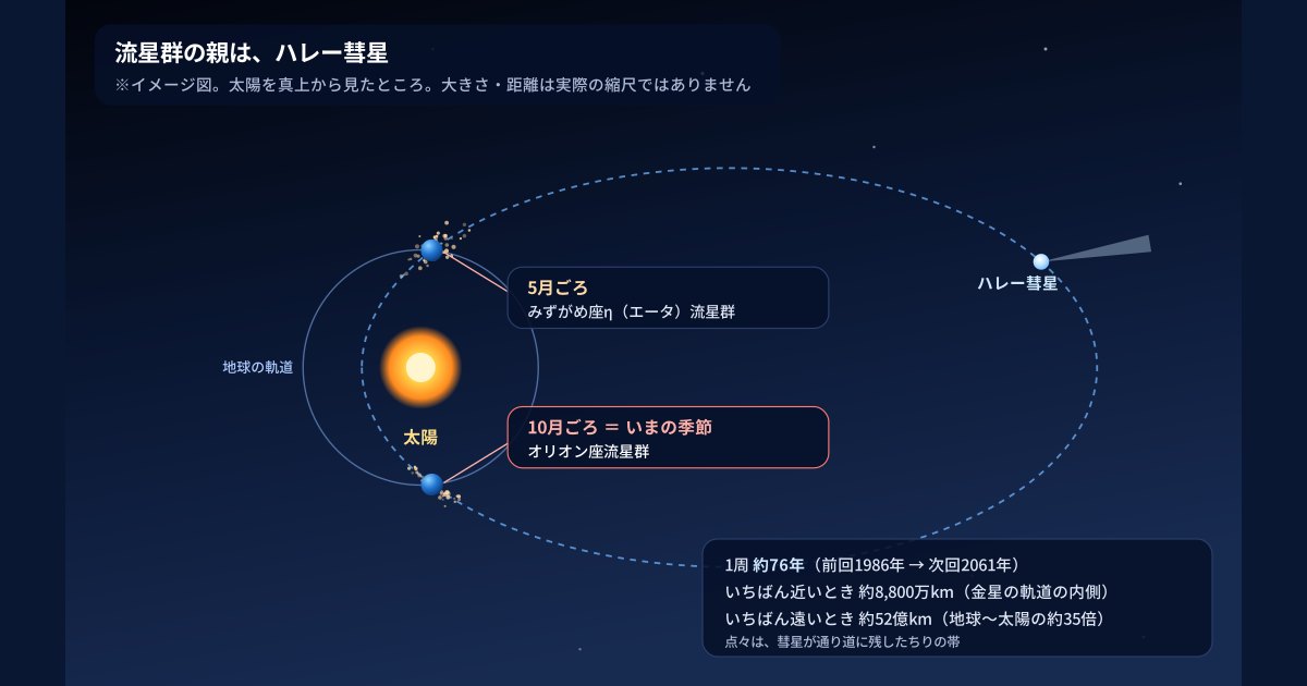 ハレー彗星の通り道と地球の軌道の図。地球は10月にハレー彗星が残したちりの帯を通りぬけ、オリオン座流星群になる(※イメージ図)