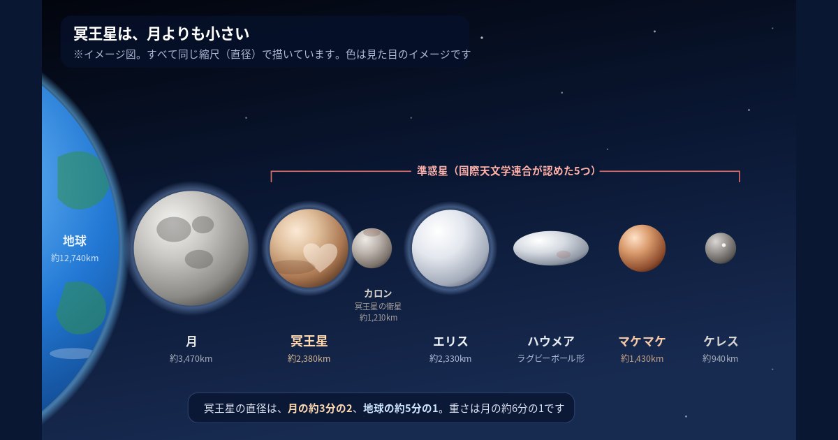 冥王星と準惑星、月、地球を同じ縮尺でならべた図。冥王星は月よりも小さい(※イメージ図)