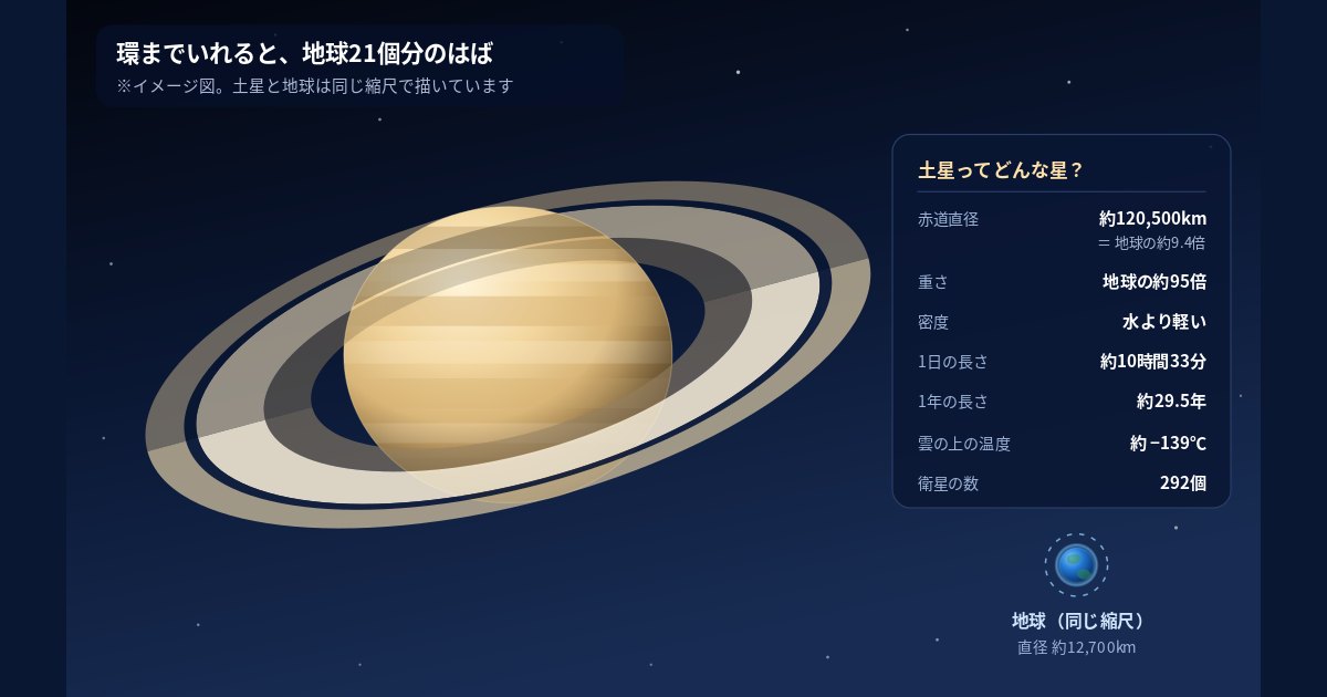 土星と地球を同じ縮尺でならべた図。土星は地球の約9.4倍、環までいれると地球21個分のはば(※イメージ図)
