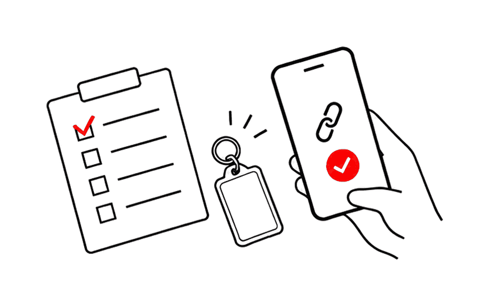 チェックリストとスマホで、NFCアイテムのリンク先を確認するイラスト