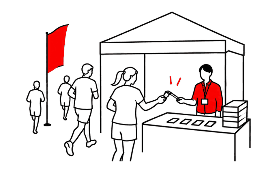 スポーツ大会の受付で、参加者にNFCアイテムを手渡すイラスト