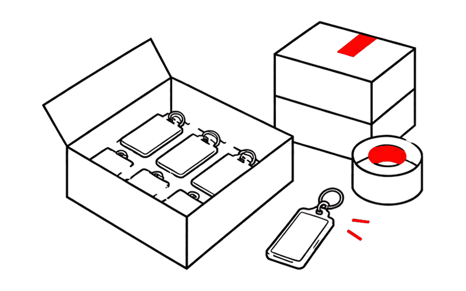 検品したNFCキーホルダーを箱に詰めて出荷するイラスト