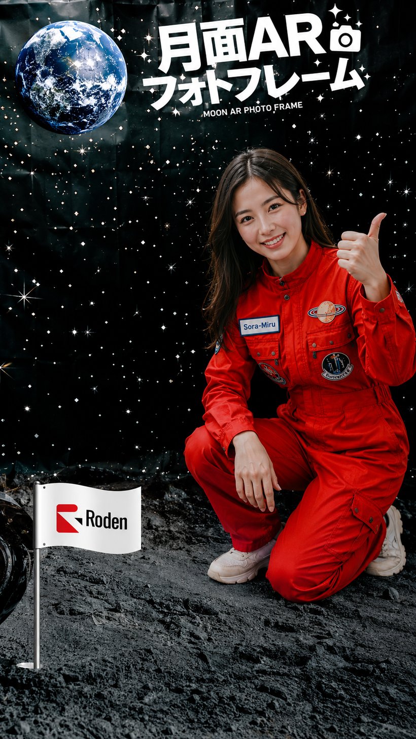 月面ARフォトフレームで宇宙服を着て記念撮影